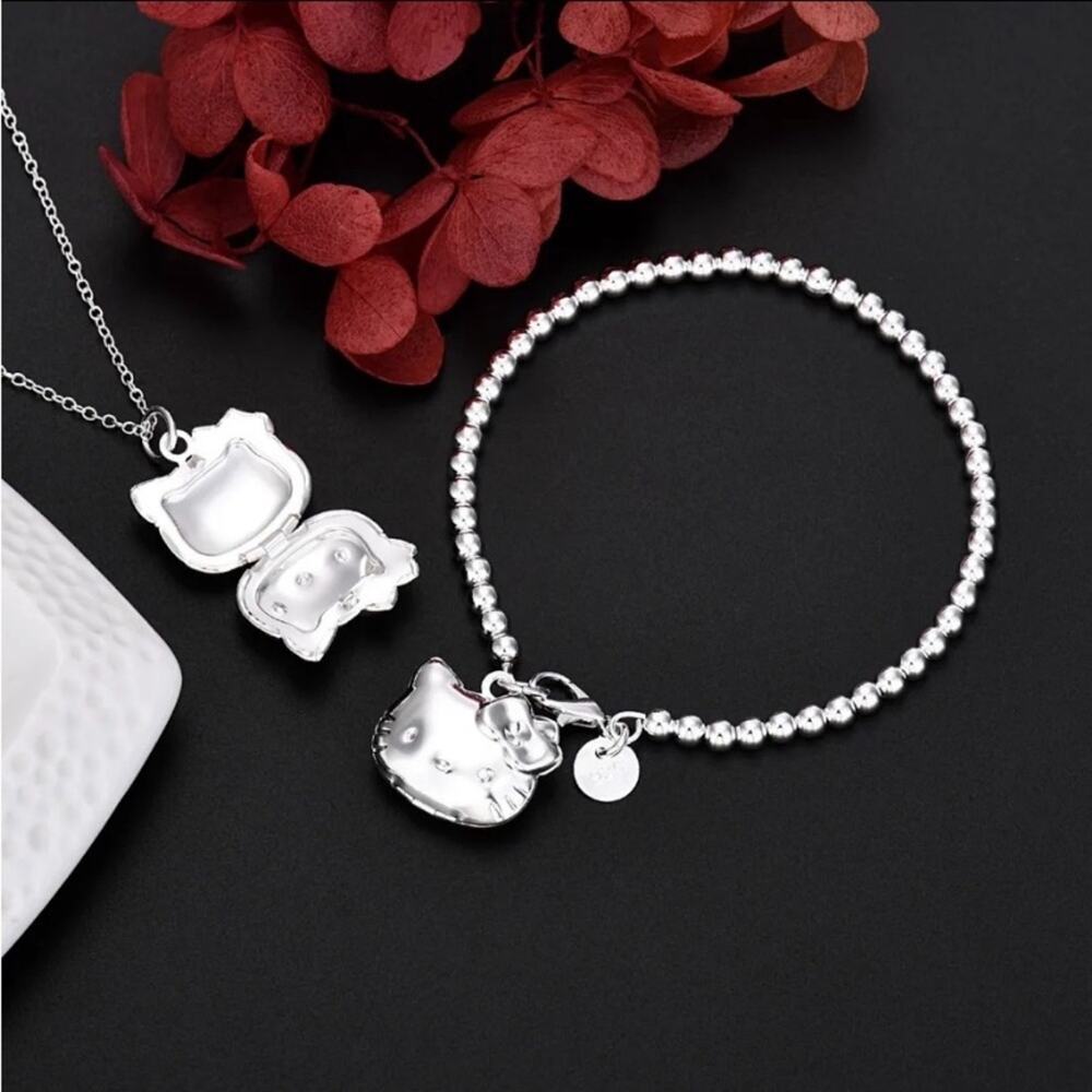 Hello Kitty Sterling Silver Beaded Bracelet Necklace Set - Picture 2 of 8